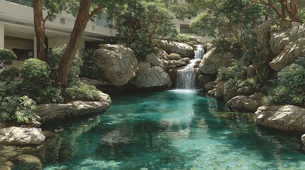 Naklejka premium Refreshing tropical waterfall in peaceful indoor oasis high resolution picture