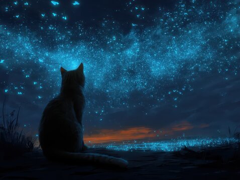A feline silhouette gazes at a celestial spectacle?an ethereal ballet of stars unfolds across the night sky, illuminating the darkness.