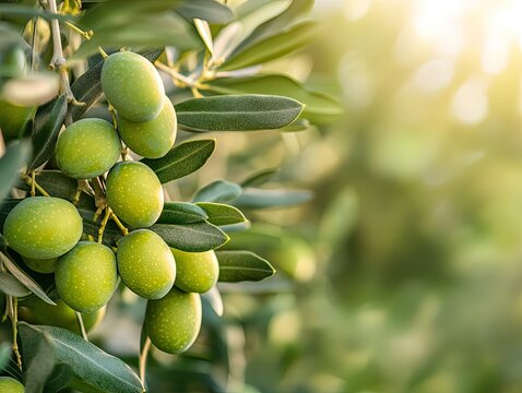 Green olives ripening on a branch in an orchard at sunset; healthy food, agriculture.