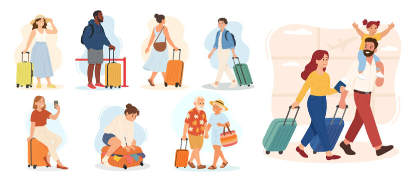 Collection of diverse travellers with suitcase capturing modern travel lifestyle, suitcase symbolizing vacation, suitcase evoking adventure, freedom, tourism, family trip, and global exploration