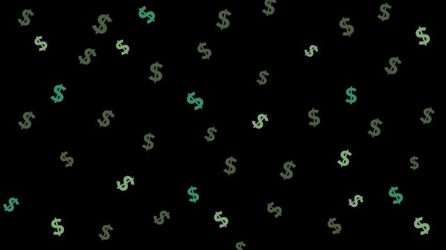 Assorted green USD symbol pattern animation on a black background. The symbols gently rotate and subtly scale in and out randomly at intervals. Representing commerce, growth, and investment.