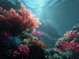 Obraz premium Sunlight filters through clear water, illuminating a vibrant coral reef teeming with life. A mesmerizing underwater landscape with a lot of colors.