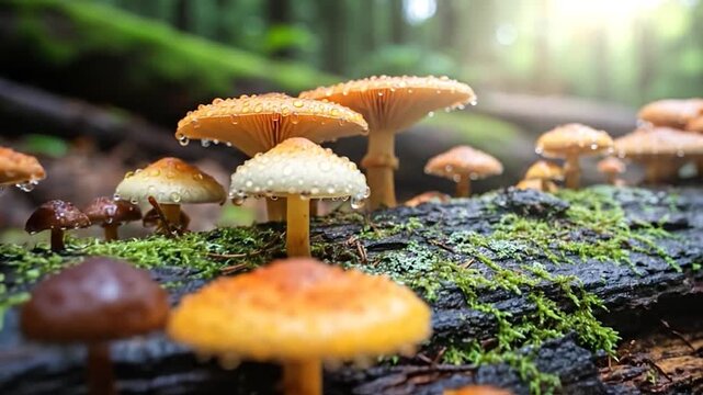 Forest mushrooms growing on mossy log natural woodland environment ecosystem close up