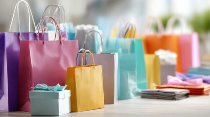 Colorful shopping bags displayed outdoors in natural daylight with retail environment background