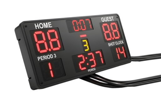 Digital scoreboard displaying game time and score isolated on transparent background