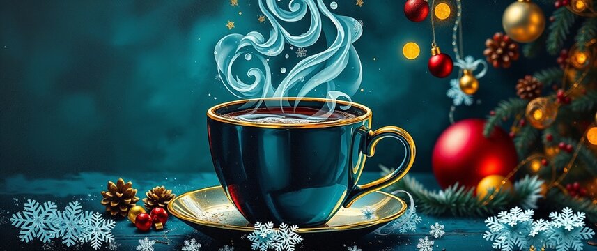 Hot beverage in cozy winter setting with festive decorations against rich deep teal background