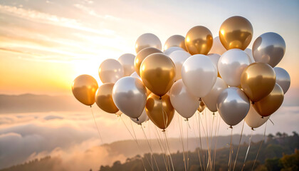 Gold and white balloons floating above misty mountain sunrise creating peaceful uplifting celebration mood
