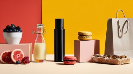 Luxury cosmetics and drinks with desserts on yellow and red color block background