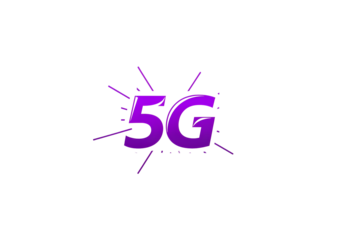 Vibrant purple 5g logo with radiating lines symbolizing connectivity isolated on transparent background
