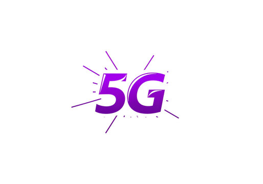 Vibrant purple 5g logo with radiating lines symbolizing connectivity isolated on transparent background