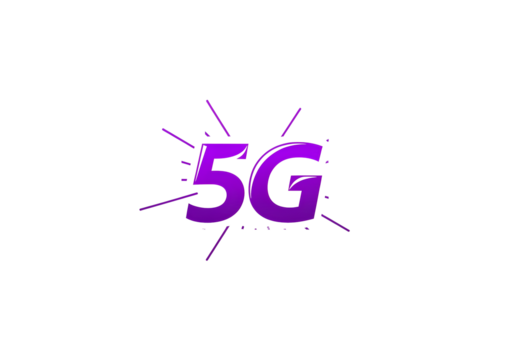 Vibrant purple 5g logo with radiating lines symbolizing connectivity isolated on transparent background