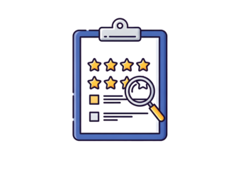 Clipboard with stars and magnifying glass, representing customer feedback and review analysis concept, isolated on transparent background