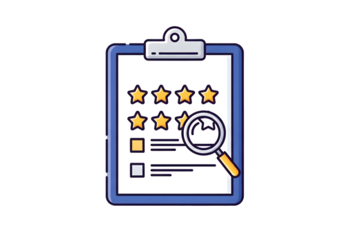 Clipboard with stars and magnifying glass, representing customer feedback and review analysis concept, isolated on transparent background