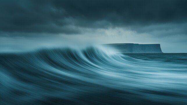 Powerful ocean wave crashing against dramatic cliff