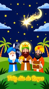 Three Kings Day Illustration with Gifts and Stars. A vibrant and festive greeting card. Festive holiday, religious celebration, cultural tradition.