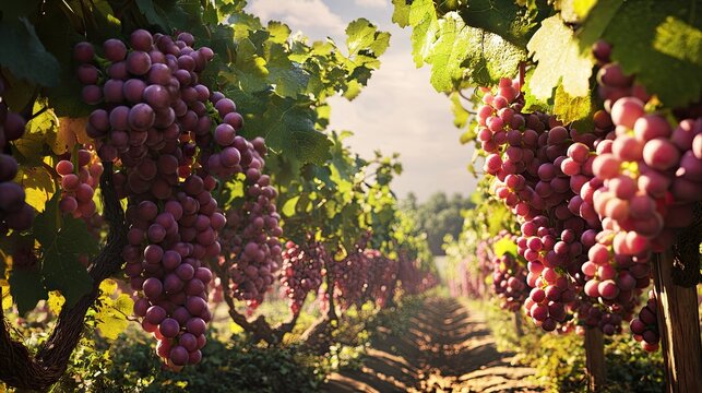 Vineyard Rows of Ripe Grapes at Sunset, Harvesting Season