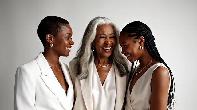 Three generations of women in white suits, holding hands on white backdrop. Studio shot capturing the essence of connection and heritage. Family bond, female empowerment, timeless elegance.