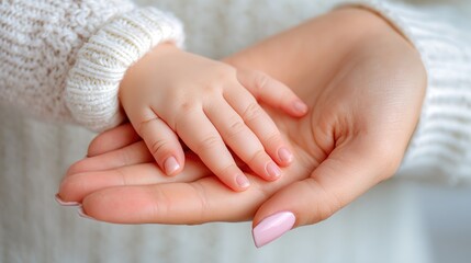 Baby hand resting on adult person hand showing care