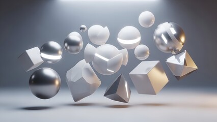 Abstract Metallic and Ceramic Geometric Shapes Floating in Light Gray Background