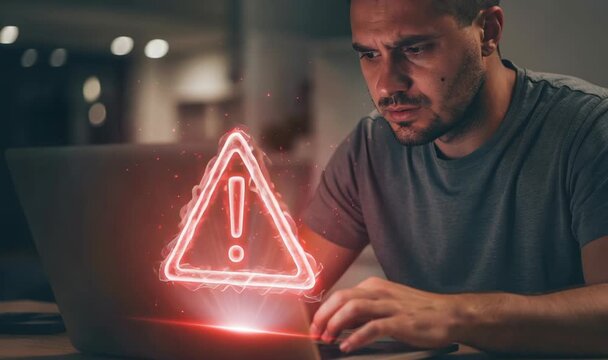 Frustrated Man Seeing Error Message on Laptop Screen
