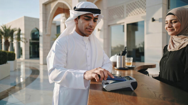 Emirati man making contactless payment with smartphone at luxury store in Dubai