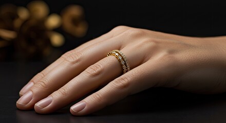 Elegant Hand Adorned with Two Sparkling Gold Diamond Eternity Rings on Dark Background