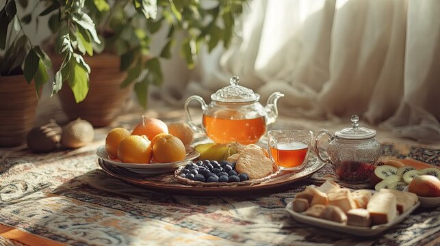 Sunny morning tea, fruits, pastries, home. Perfect for blogs, recipes, or food articles.