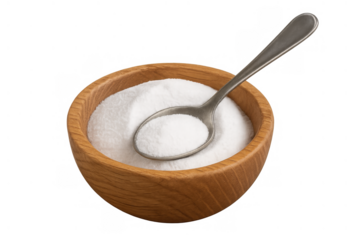Baking soda powder and metal spoon in wooden bowl, ingredient for cooking, baking, home and health on transparent background