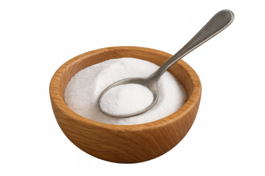 Baking soda powder and metal spoon in wooden bowl, ingredient for cooking, baking, home and health on transparent background