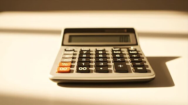 A modern calculator sits on a bright surface, softly illuminated, with '00' on its display