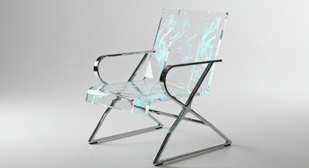Elegant Transparent Chair with Ethereal Blue-Green Light Patterns and Polished Chrome Frame