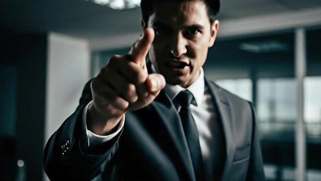 Confident businessman points at camera in office video.