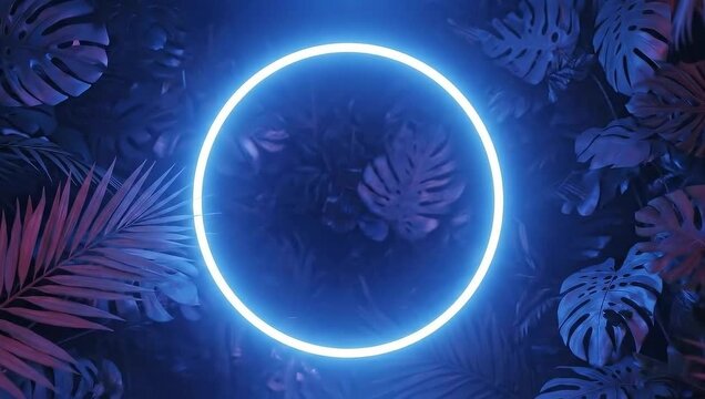 Neon blue circle glowing among tropical leaves loop video.