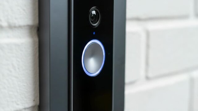 Pressing Smart Doorbell Button on Brick Wall Exterior Closeup
