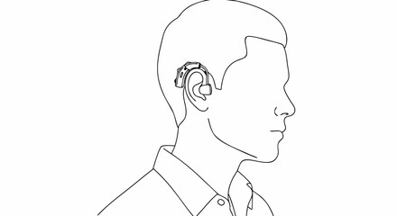 Person using hearing aid depicted in side profile view showcasing auditory device placement behind ear. Hearing aid enhances communication and support for hearing impairments.