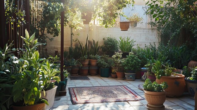 Sunlit Mediterranean courtyard garden with potted plants, rug, and tranquil background.