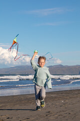 Joyful young boy running along the beach and flying a colorful kite. Fun outdoor activity for kids