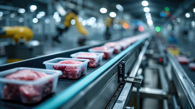 Automated meat processing line with plastic containers conveying fresh red meat in advanced industrial facility