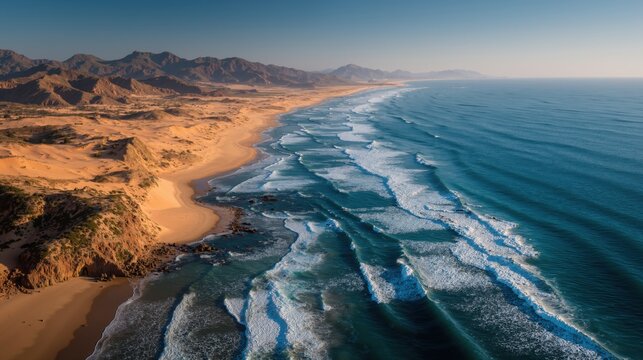 Stunning aerial view of rugged coastline with mountains, desert and pristine beach waves, ocean and sea concept