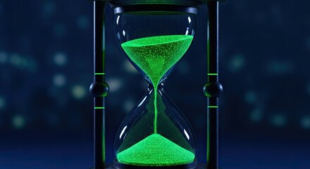 Ethereal Glow of Time: Luminous Green Sand Cascades in a Dark Hourglass at Night