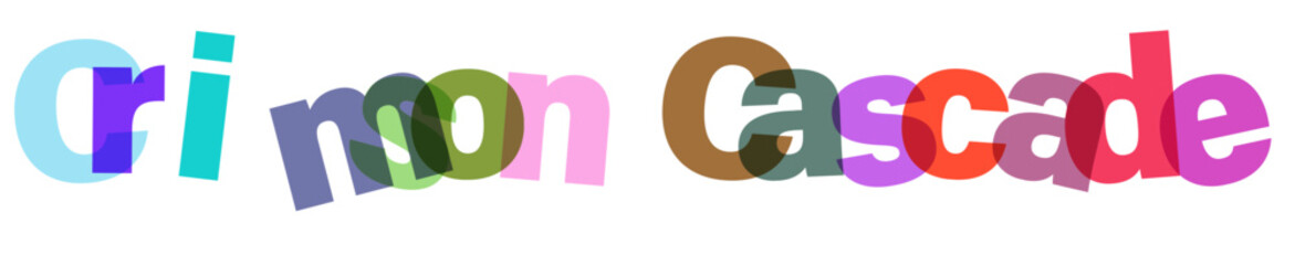 Crimson cascade 3d text banner advertisement with overlapping elements and vibrant color palette