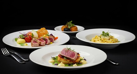 Exquisite Seared Tuna and Pasta Dishes Artfully Arranged on White Plates with Black Background
