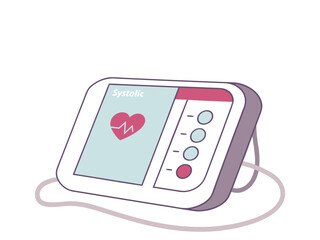 Blood pressure monitor screen showing systolic reading with heart symbol and controls for medical use.