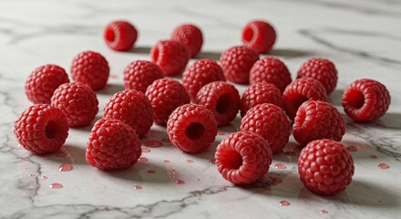 Fresh Raspberries on Marble: Vibrant Red Berries, Close-Up, Delicious, Healthy.