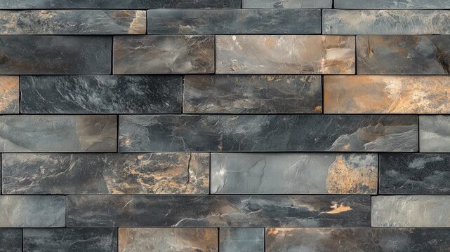 Seamless panning right textured stone wall with varying shades of gray and brown. 16:9 Organic texture loop.