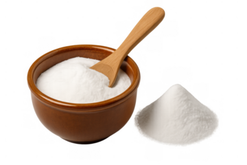Baking soda powder in brown ceramic bowl with wooden spoon and small pile, isolated on transparent background