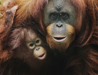 a baby orangutan hugging its mother