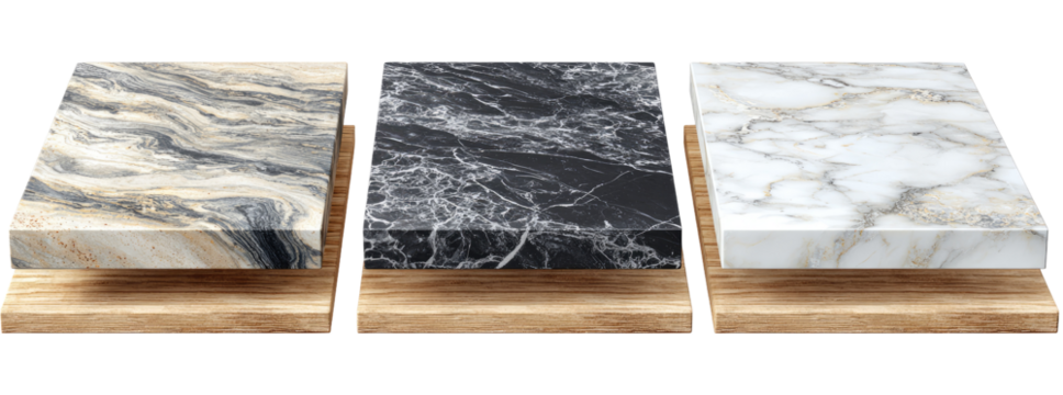 Three square slabs of marble, each with a different veining pattern, sit atop wooden bases