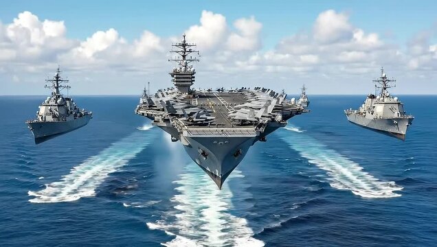 Aerial View of US Navy Aircraft Carrier Strike Group in Formation.