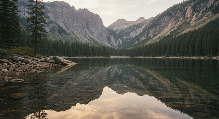 Glassy Alpine Lake Mirrors Rugged Peaks and Pine Forest in a Serene Valley